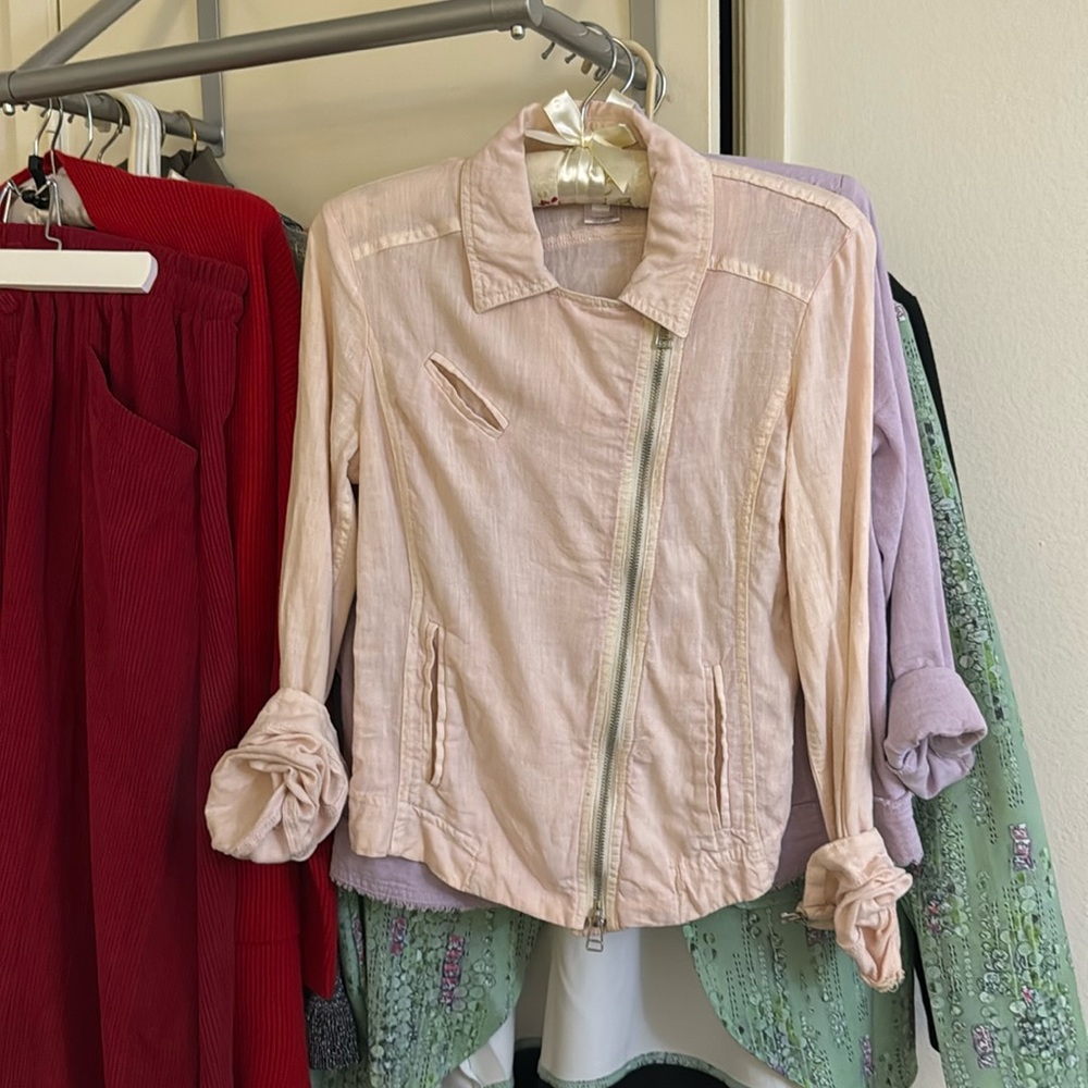 Rare find! Pale pink, Theodore linen motorcycle Jean jacket.  ￼